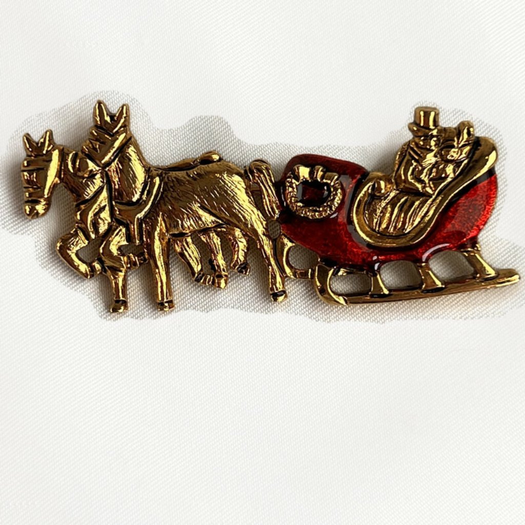 Lia Vintage Brooch Pin Holiday Christmas Horse And Sleigh 2